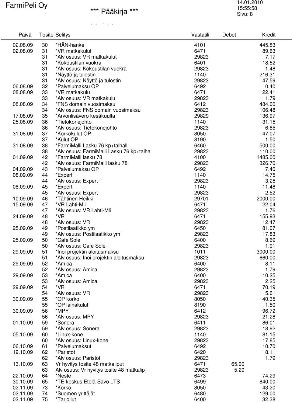 79 08.08.09 34 *FNS domain vuosimaksu 6412 484.00 34 *Alv osuus: FNS domain vuosimaksu 29823 106.48 17.08.09 35 *Arvonlisävero kesäkuulta 29829 136.97 25.08.09 36 *Tietokonejohto 1140 31.