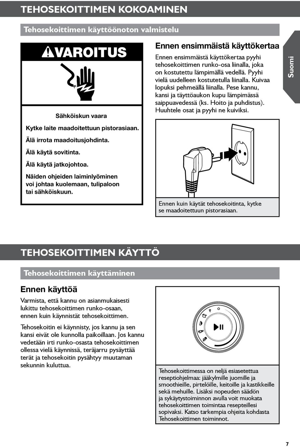 Hoito ja puhdistus). Huuhtele osat ja pyyhi ne kuiviksi. Suomi Kytke laite maadoitettuun pistorasiaan. Älä irrota maadoitusjohdinta. Älä käytä sovitinta. Älä käytä jatkojohtoa.