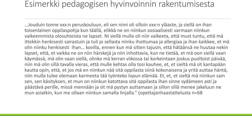 Ni siellä mulla oli niin vaikeeta, että must tuntu, että mä ittekkin henkisesti sairastuin ja tuli jo sellasta niinku ihottumaa ja allergiaa ja ihan kaikkee, et mä olin niinku henkisesti ihan