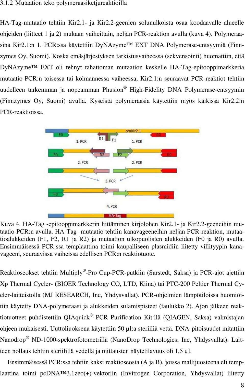 PCR:ssa käytettiin DyNAzyme EXT DNA Polymerase-entsyymiä (Finnzymes Oy, Suomi).