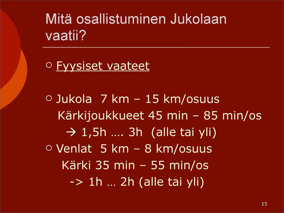 Kärkijoukkueet 45 min 85 min/os 1,5h.