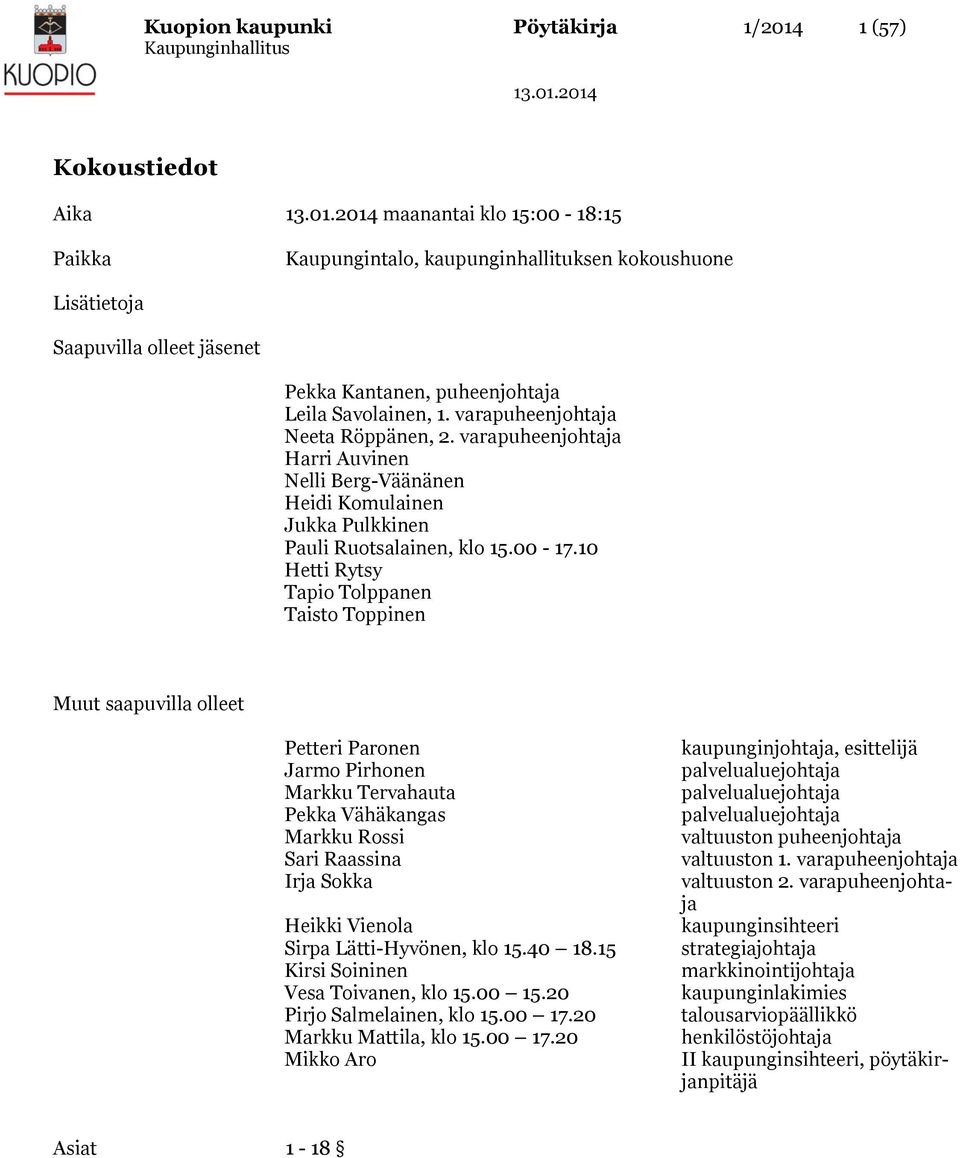 10 Hetti Rytsy Tapio Tolppanen Taisto Toppinen Muut saapuvilla olleet Petteri Paronen Jarmo Pirhonen Markku Tervahauta Pekka Vähäkangas Markku Rossi Sari Raassina Irja Sokka Heikki Vienola Sirpa