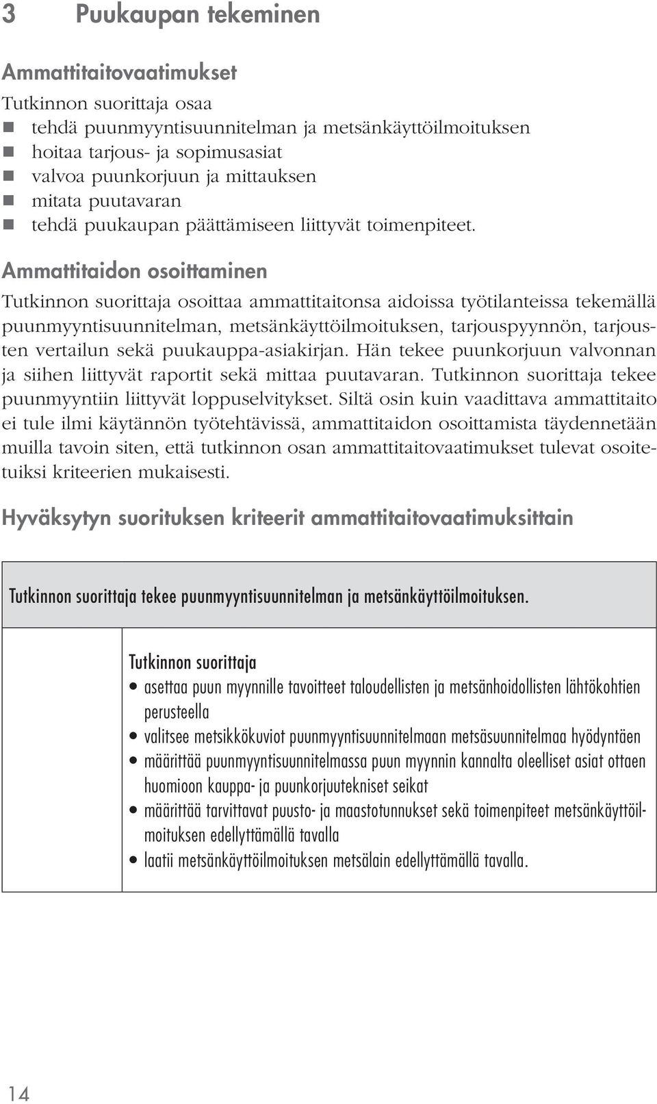 Ammattitaidon osoittaminen osoittaa ammattitaitonsa aidoissa työtilanteissa tekemällä puunmyyntisuunnitelman, metsänkäyttöilmoituksen, tarjouspyynnön, tarjousten vertailun sekä puukauppa-asiakirjan.