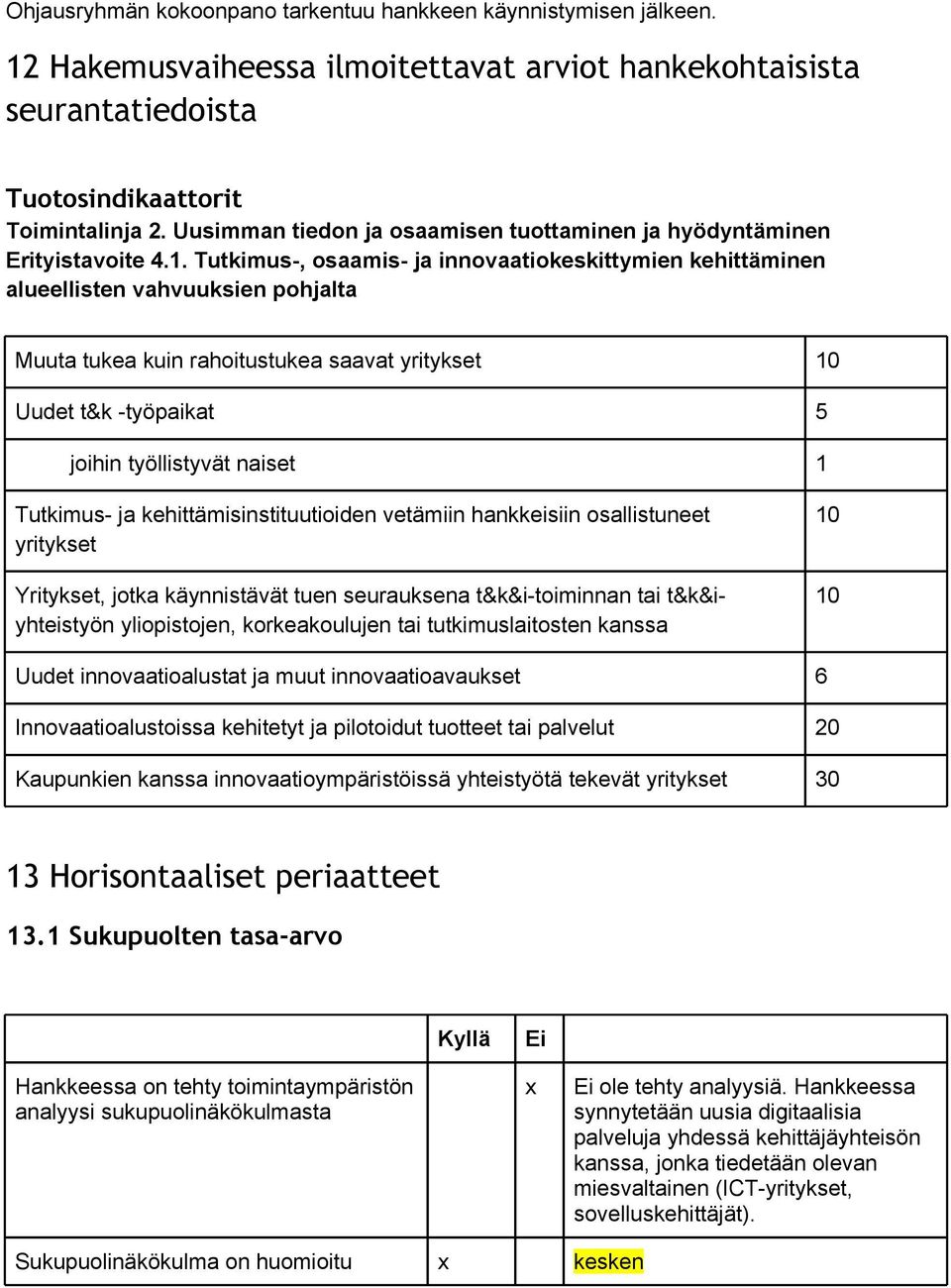 Tutkimus-, osaamis- ja innovaatiokeskittymien kehittäminen alueellisten vahvuuksien pohjalta Muuta tukea kuin rahoitustukea saavat yritykset 10 Uudet t&k -työpaikat 5 joihin työllistyvät naiset 1