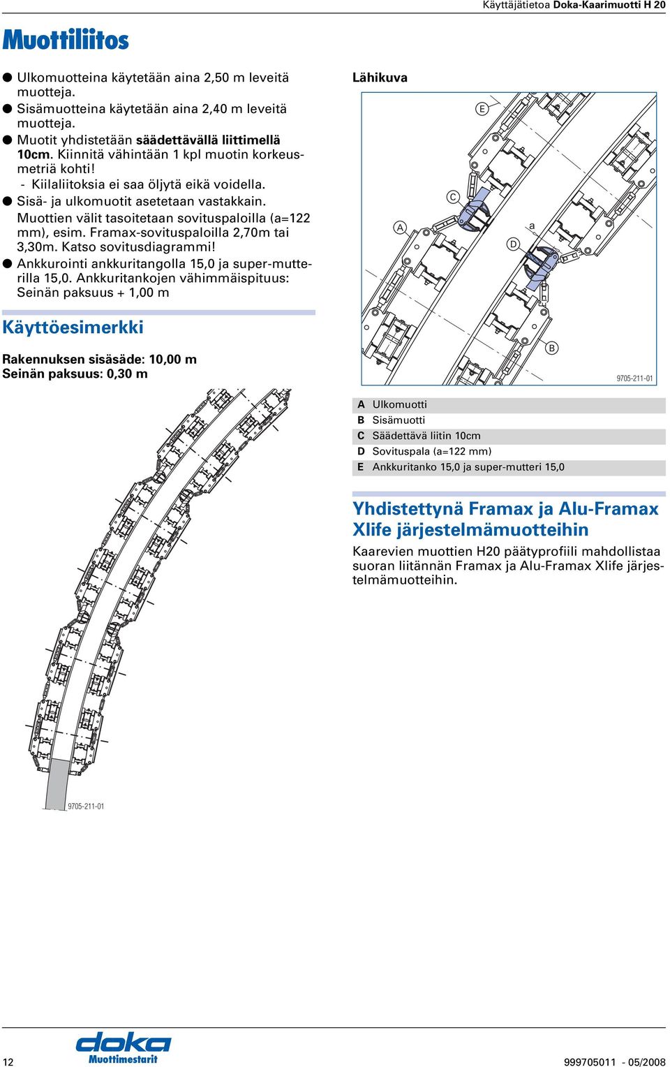 Muottien välit tasoitetaan sovituspaloilla (a=122 mm), esim. Framax-sovituspaloilla 2,70m tai 3,30m. Katso sovitusdiagrammi! nkkurointi ankkuritangolla 15,0 ja super-mutterilla 15,0.