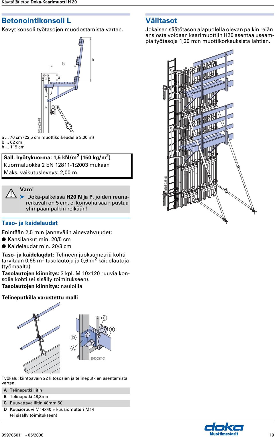 .. 76 cm (22,5 cm muottikorkeudelle 3,00 m) b... 62 cm h... 115 cm Sall. hyötykuorma: 1,5 kn/m 2 (150 kg/m 2 ) Kuormaluokka 2 EN 12811-1:2003 mukaan Maks. vaikutusleveys: 2,00 m Varo!