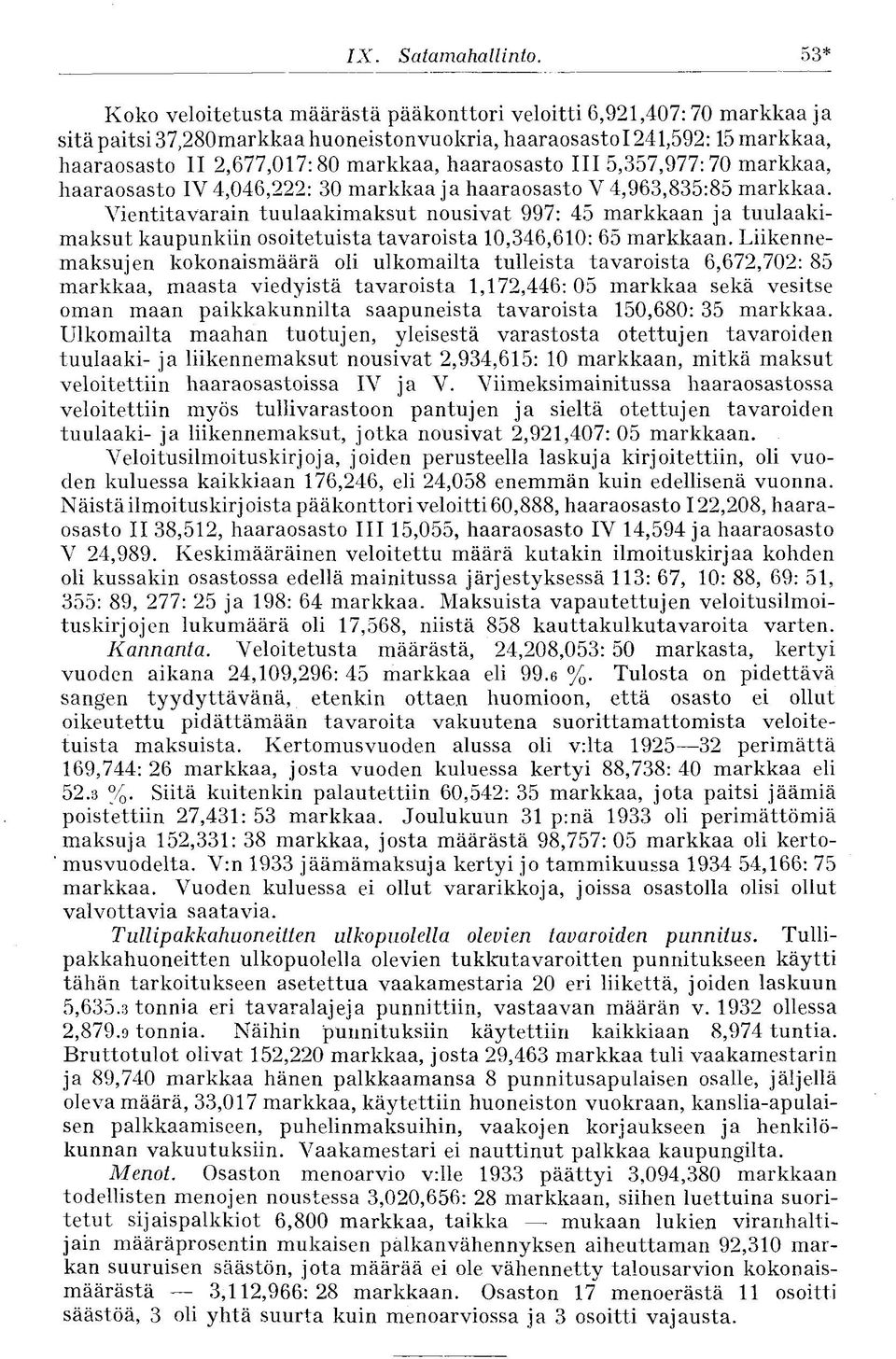 III 5,357,977:70 markkaa, haaraosasto IV 4,046,222: 30 markkaa ja haaraosasto V 4,963,835:85 markkaa.