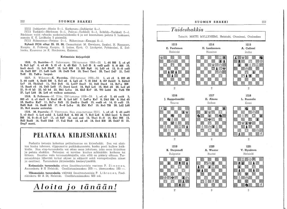 Fröberg, Kuapia, S. Laine, Kyrö, O. Lindqvist, Pyhäsalmi, K. Sallanko, KuusamO' ja K. Hankanen, Kaj'aani. Kotimaisia kirjepelejä SUOMEN SHAKKI Taideshakkia ~ Tain,itt.