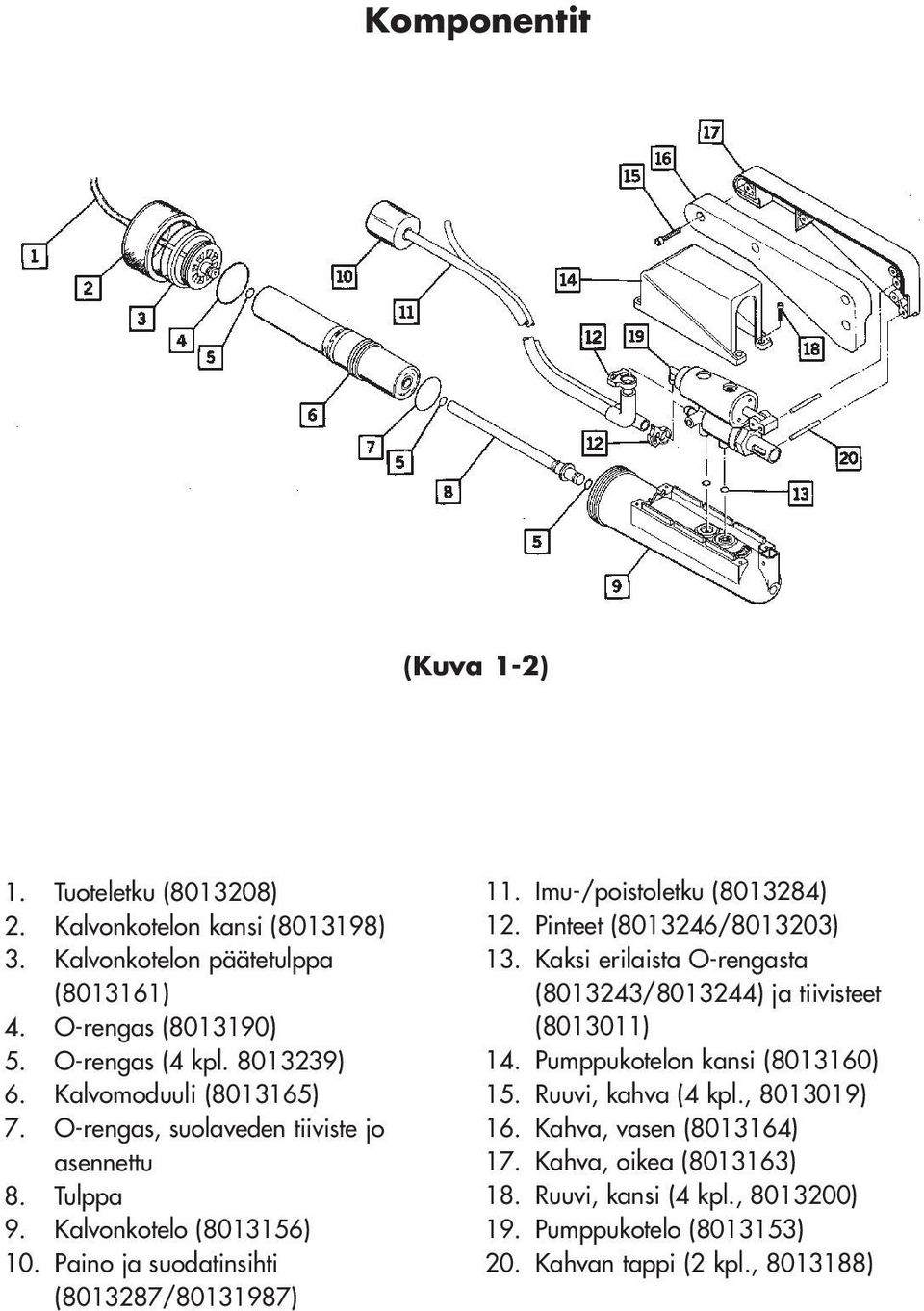 Imu-/poistoletku (8013284) 12. Pinteet (8013246/8013203) 13. Kaksi erilaista O-rengasta (8013243/8013244) ja tiivisteet (8013011) 14. Pumppukotelon kansi (8013160) 15.