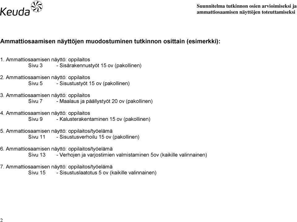 Ammattiosaamisen näyttö: oppilaitos Sivu 9 - Kalusterakentaminen 15 ov (pakollinen) 5. Ammattiosaamisen näyttö: oppilaitos/työelämä Sivu 11 - Sisustusverhoilu 15 ov (pakollinen) 6.