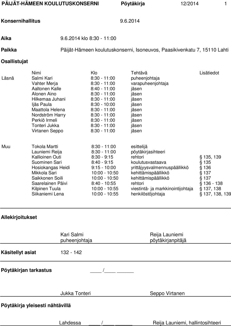 2014 klo 8:30-11:00 Paikka Päijät-Hämeen koulutuskonserni, Isoneuvos, Paasikivenkatu 7, 15110 Lahti Osallistujat Nimi Klo Tehtävä Lisätiedot Läsnä Salmi Kari 8:30-11:00 puheenjohtaja Vahter Merja