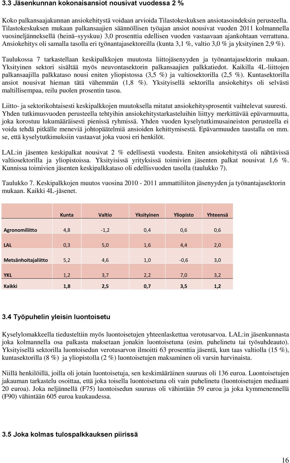 verrattuna. Ansiokehitys oli samalla tasolla eri työnantajasektoreilla (kunta 3,1 %, valtio 3,0 % ja yksityinen 2,9 %).