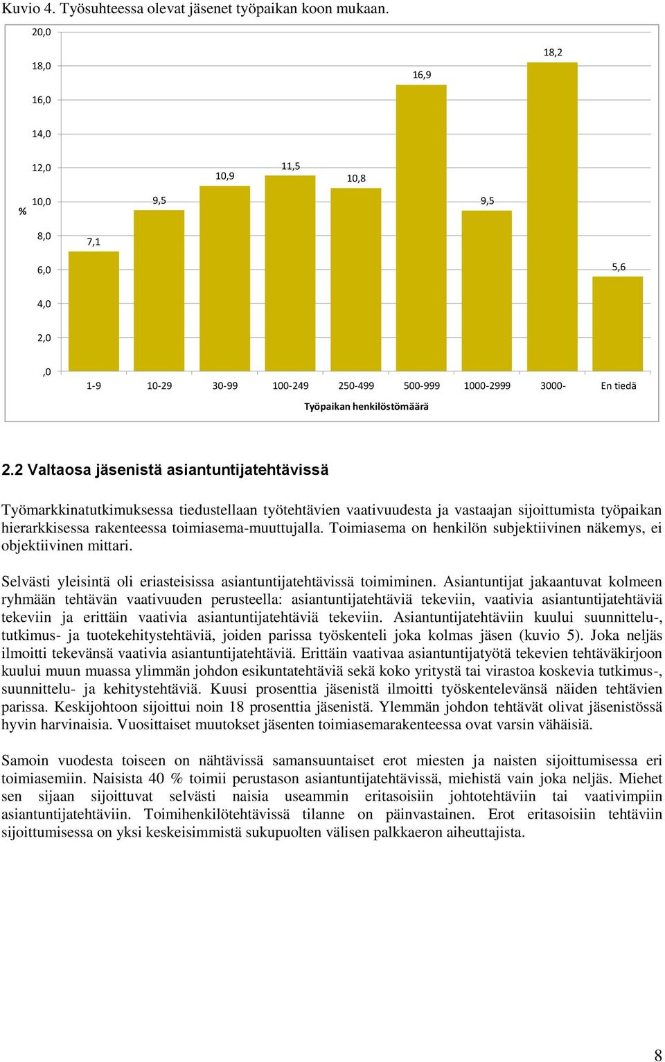 2 Valtaosa jäsenistä asiantuntijatehtävissä Työmarkkinatutkimuksessa tiedustellaan työtehtävien vaativuudesta ja vastaajan sijoittumista työpaikan hierarkkisessa rakenteessa toimiasema-muuttujalla.