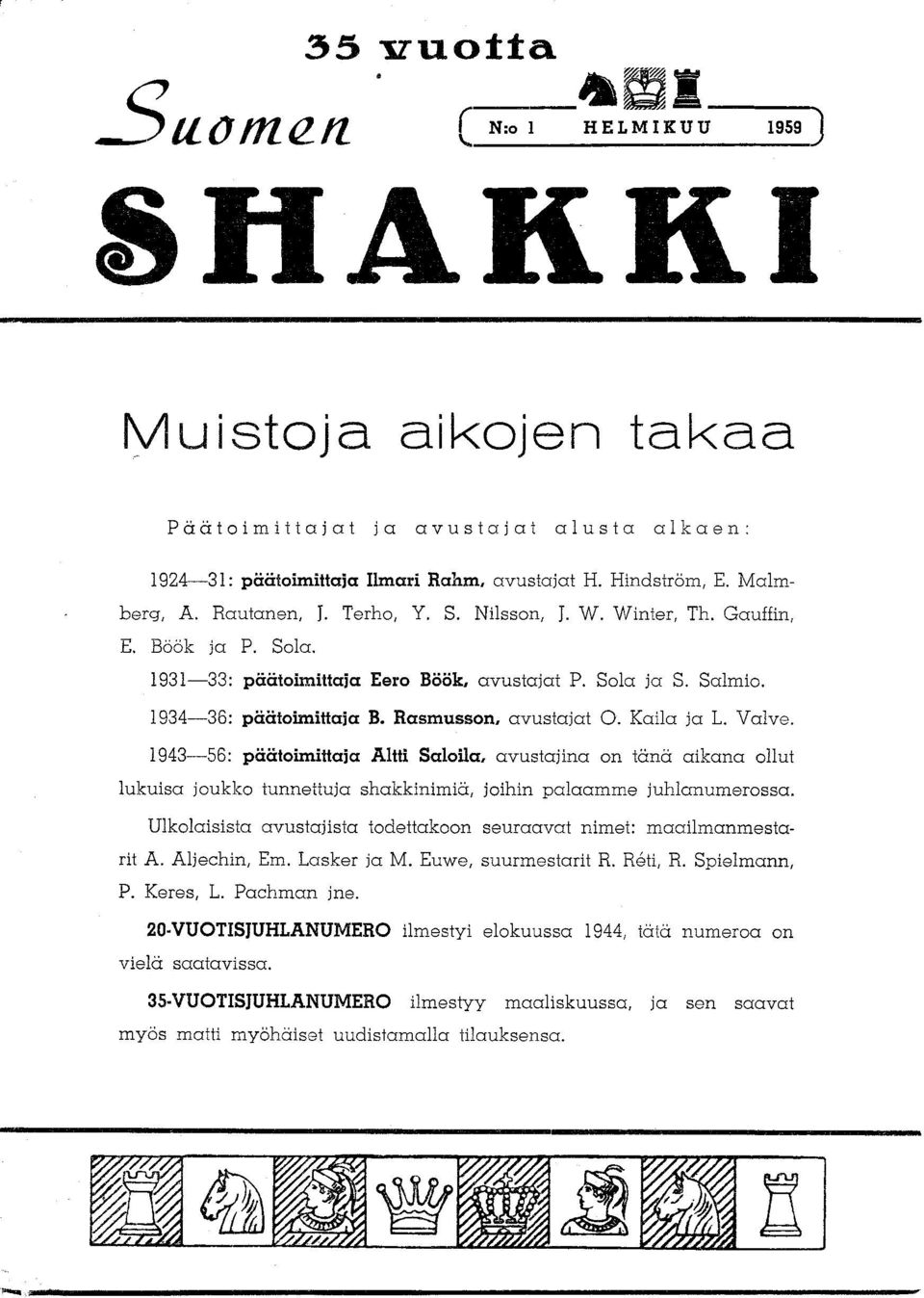 1943-56: päätoimittaia Altti Saloila, avustajina on tänä aikana ollut lukuisa joukko tunnettuja shakkinimiä, joihin palaamme juhl=umerossa.