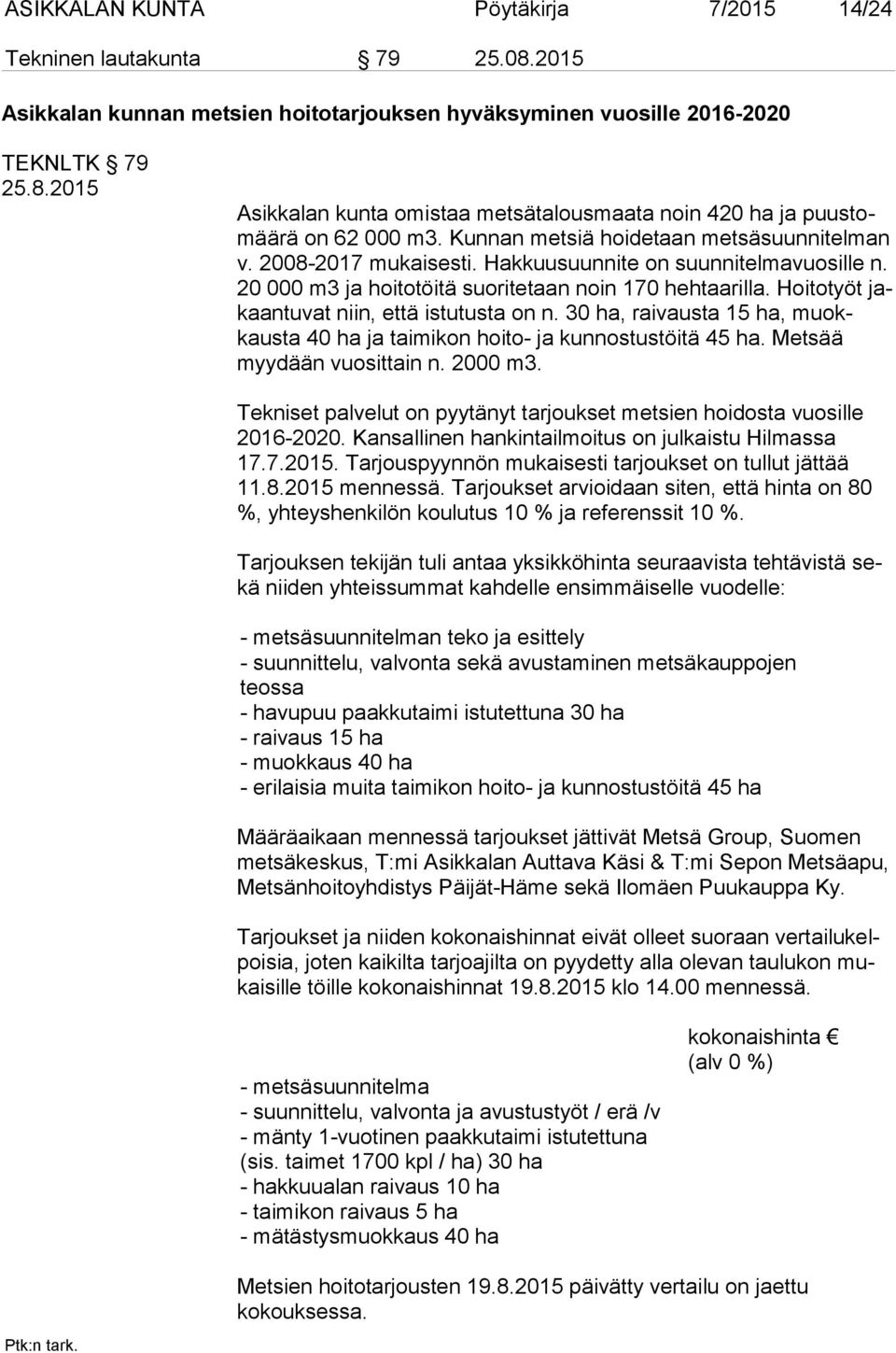 Hoitotyöt jakaan tu vat niin, että istutusta on n. 30 ha, raivausta 15 ha, muokkaus ta 40 ha ja taimikon hoito- ja kunnostustöitä 45 ha. Metsää myy dään vuosittain n. 2000 m3.