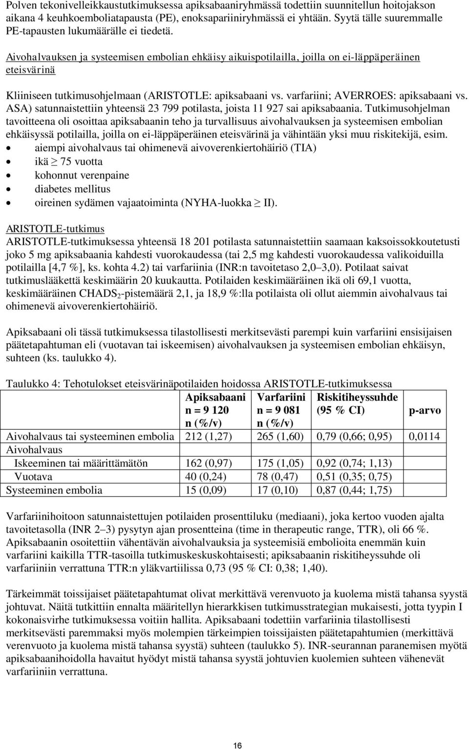 Aivohalvauksen ja systeemisen embolian ehkäisy aikuispotilailla, joilla on ei-läppäperäinen eteisvärinä Kliiniseen tutkimusohjelmaan (ARISTOTLE: apiksabaani vs. varfariini; AVERROES: apiksabaani vs.