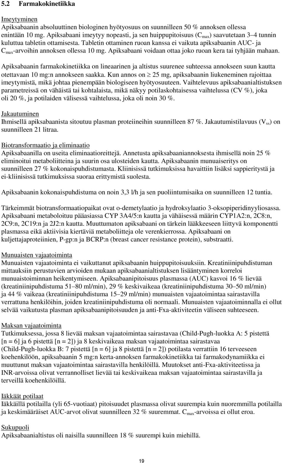 Tabletin ottaminen ruoan kanssa ei vaikuta apiksabaanin AUC- ja C max -arvoihin annoksen ollessa 10 mg. Apiksabaani voidaan ottaa joko ruoan kera tai tyhjään mahaan.