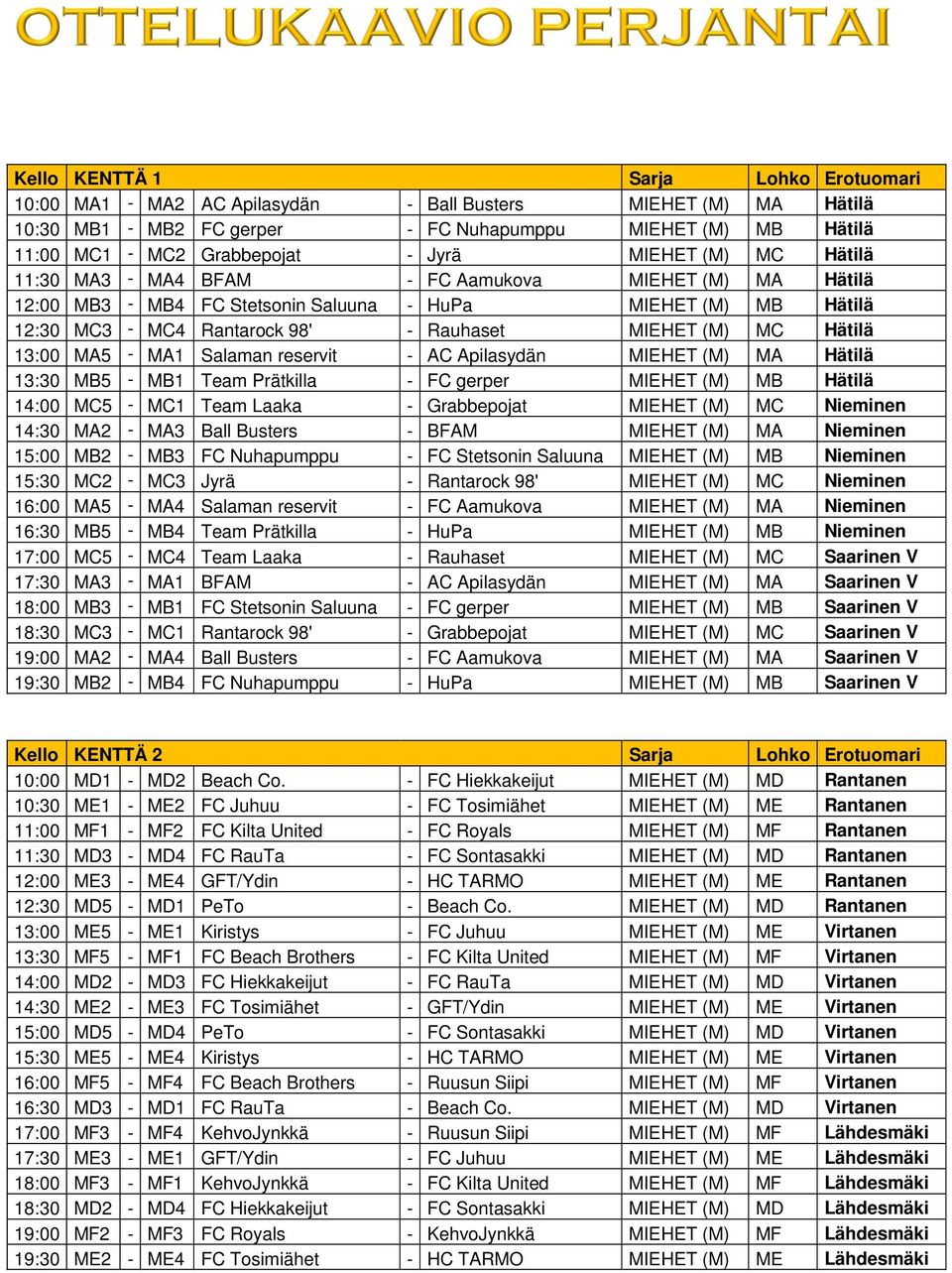 MC Hätilä 13:00 MA5 - MA1 Salaman reservit - AC Apilasydän MIEHET (M) MA Hätilä 13:30 MB5 - MB1 Team Prätkilla - FC gerper MIEHET (M) MB Hätilä 14:00 MC5 - MC1 Team Laaka - Grabbepojat MIEHET (M) MC