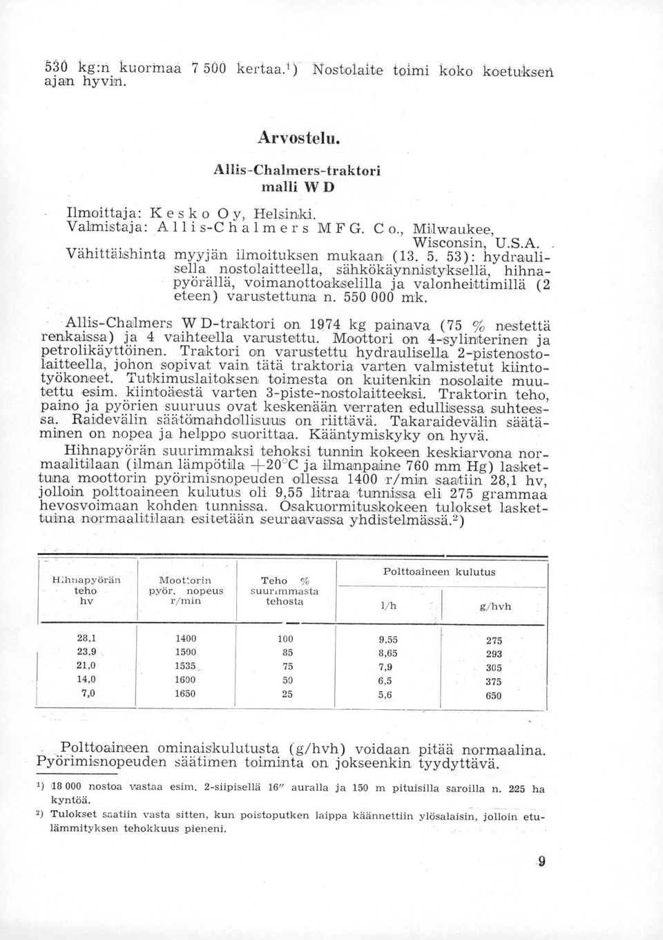 selilla ja valonheittimillä (2 eteen) varustettuna n. 550 000 mk. - Allis-Chalmers W D-traktori on 1974 kg painava (75 % nestettä renkaissa) ja 4 vaihteella varustettu.