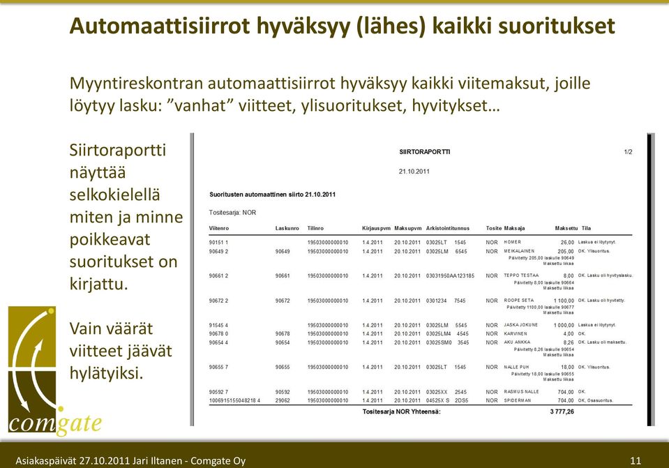 viitteet, ylisuoritukset, hyvitykset Siirtoraportti näyttää selkokielellä