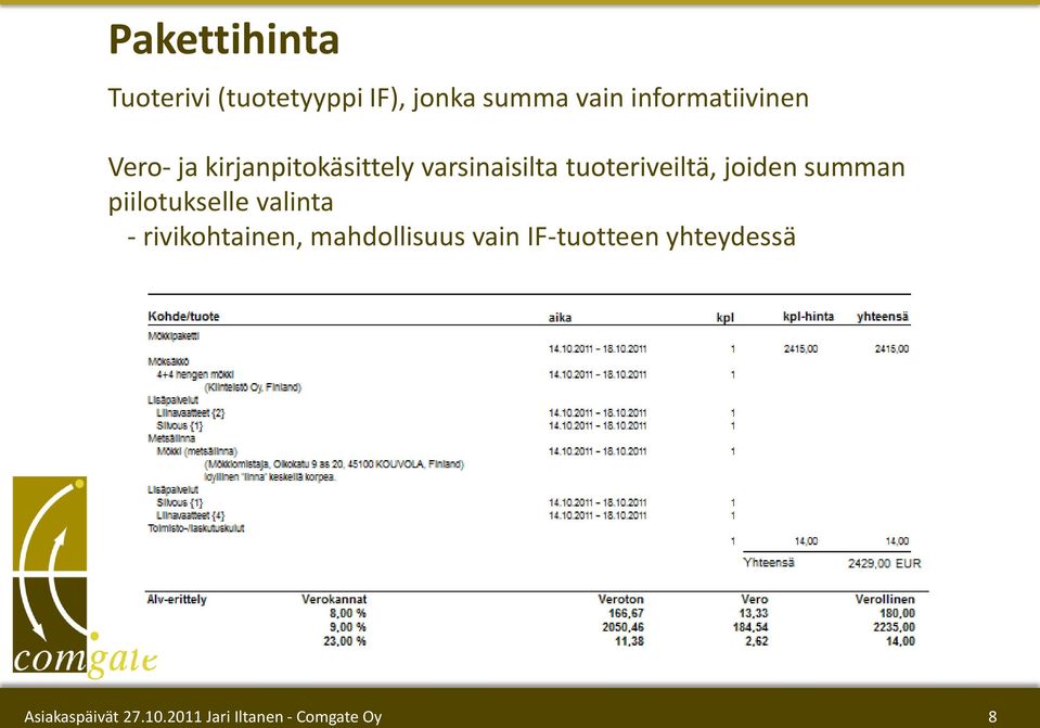 varsinaisilta tuoteriveiltä, joiden summan piilotukselle