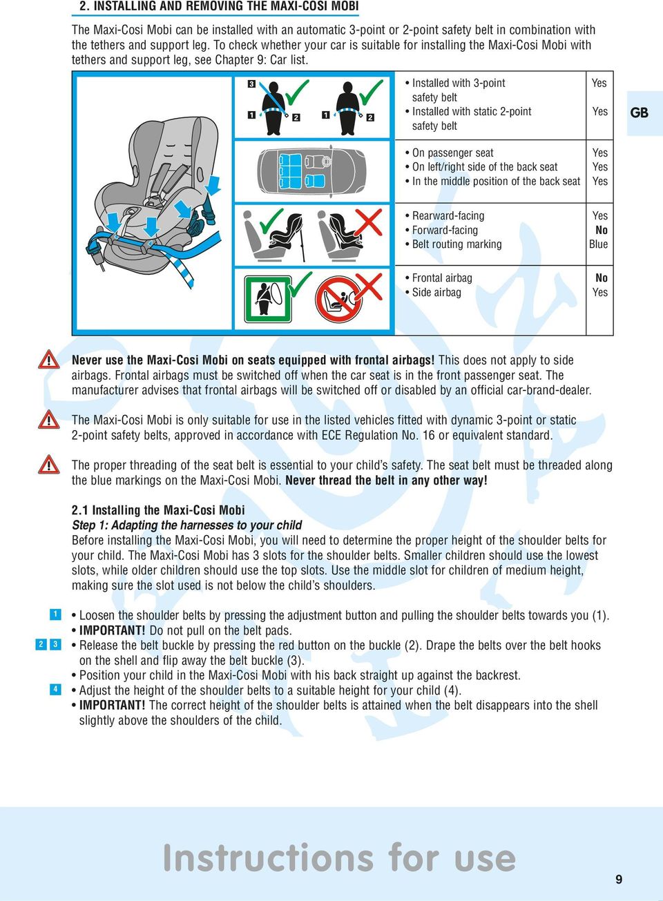 Installed with 3-point safety belt Installed with static 2-point safety belt On passenger seat On left/right side of the back seat In the middle position of the back seat Yes Yes Yes Yes Yes GB