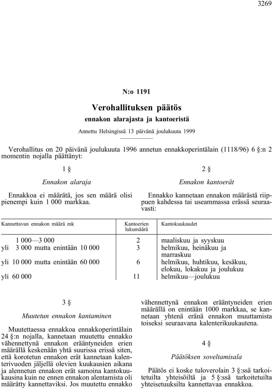 2 Ennakon kantoerät Ennakko kannetaan ennakon määrästä riippuen kahdessa tai useammassa erässä seuraavasti: Kannettavan ennakon määrä mk Kantoerien lukumäärä Kantokuukaudet 1 000 3 000 2 maaliskuu ja