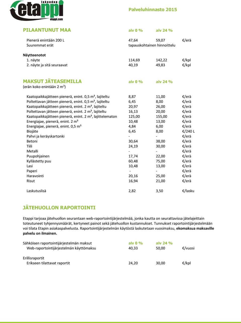 0,5 m³, lajiteltu 8,87 11,00 /erä Poltettavan jätteen pienerä, enint. 0,5 m³, lajiteltu 6,45 8,00 /erä Kaatopaikkajätteen pienerä, enint.