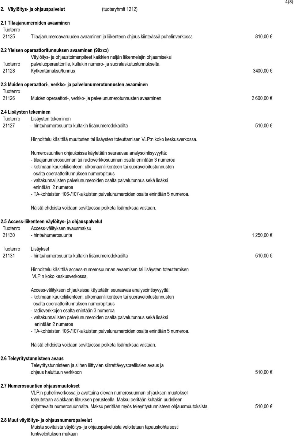 suoralaskutustunnukselta. 21128 Kytkentämaksu/tunnus 3400,00 2.