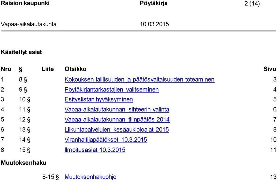 Vapaa-aikalautakunnan sihteerin valinta 6 5 12 Vapaa-aikalautakunnan tilinpäätös 2014 7 6 13 Liikuntapalvelujen