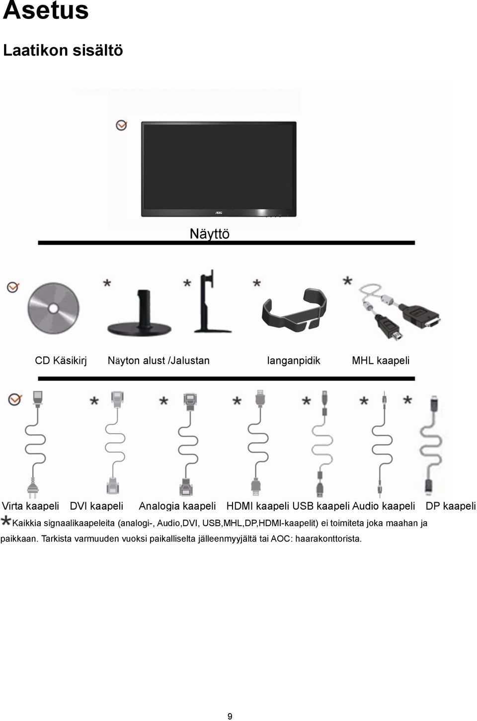 Kaikkia signaalikaapeleita (analogi-, Audio,DVI, USB,MHL,DP,HDMI-kaapelit) ei toimiteta joka