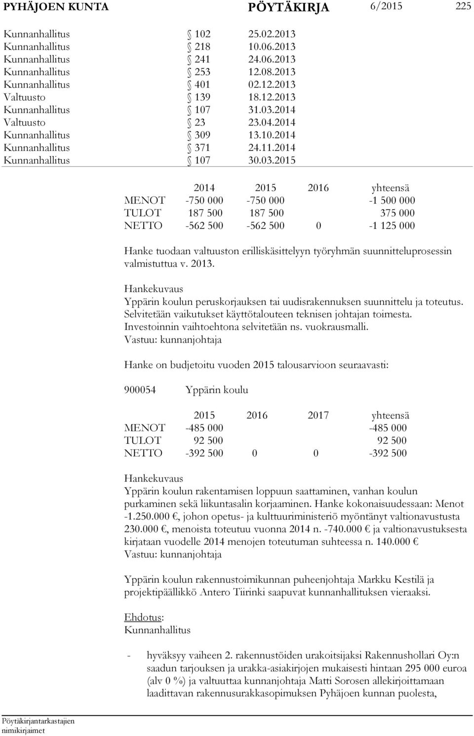 2014 Valtuusto 23 23.04.2014 Kunnanhallitus 309 13.10.2014 Kunnanhallitus 371 24.11.2014 Kunnanhallitus 107 30.03.