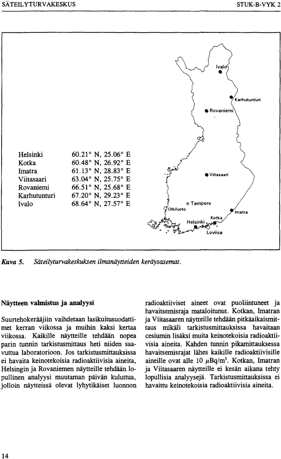 Säteilyturvakeskuksen ilmanäytteiden keräysasemat. Näytteen valmistus ja analyysi Suurtehokerääjiin vaihdetaan lasikuitusuodattimet kerran viikossa ja muihin kaksi kertaa viikossa.