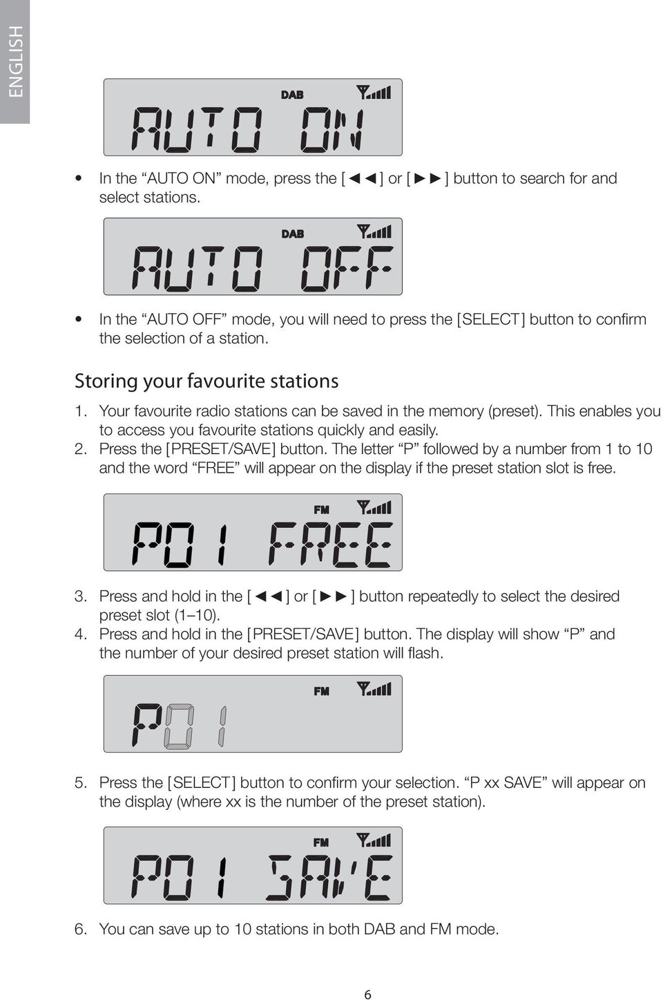 Press the [ PRESET/SAVE ] button. The letter P followed by a number from 1 to 10 and the word FREE will appear on the display if the preset station slot is free. 3.