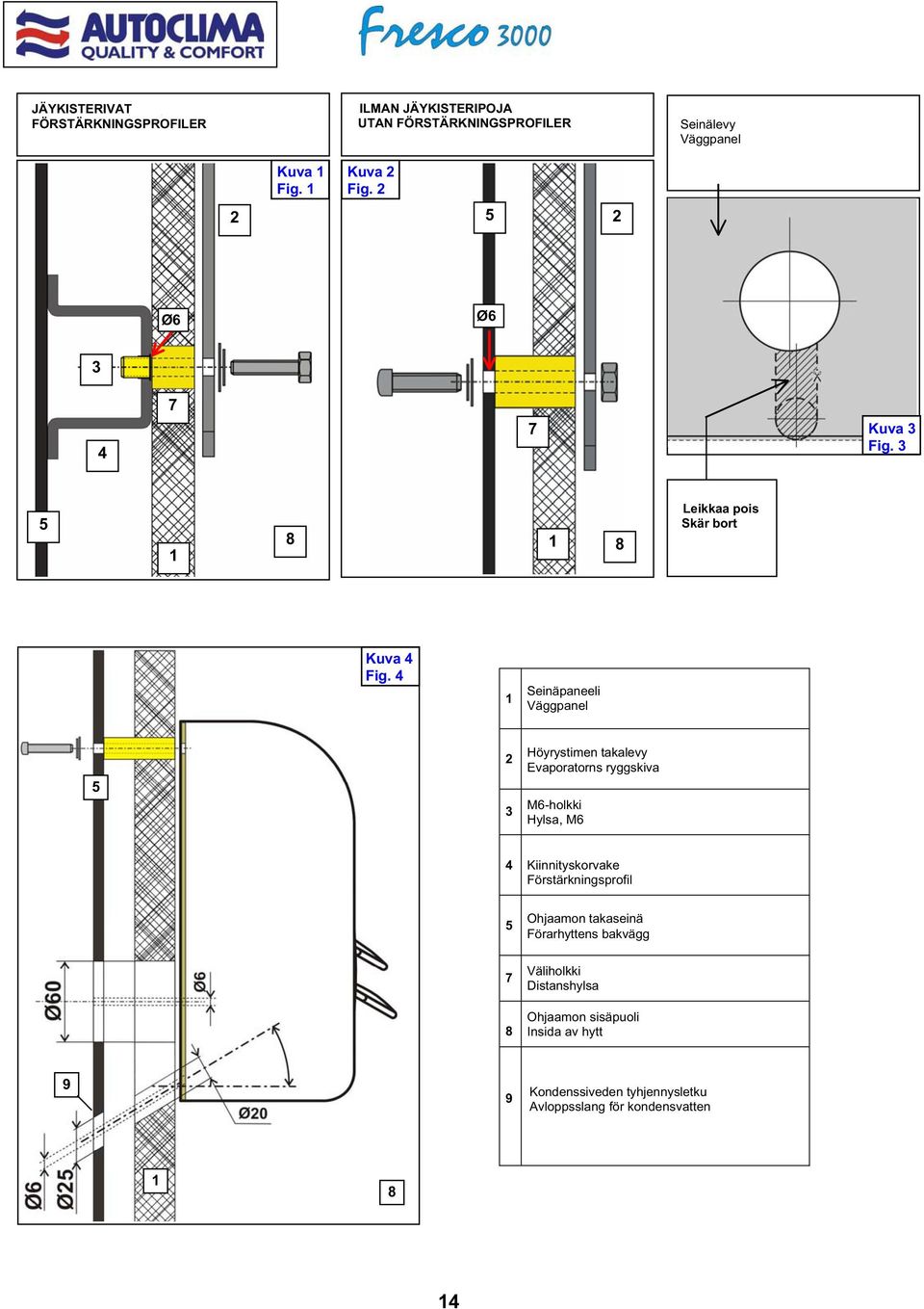 4 1 Seinäpaneeli Väggpanel 5 2 3 Höyrystimen takalevy Evaporatorns ryggskiva M6-holkki Hylsa, M6 4 Kiinnityskorvake