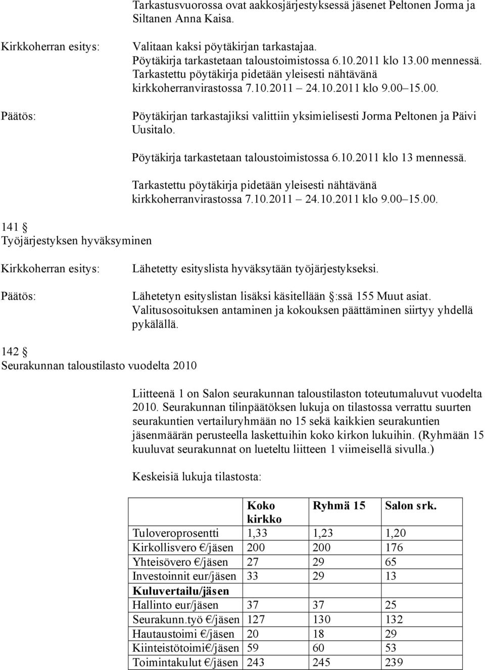 141 Työjärjestyksen hyväksyminen Pöytäkirja tarkastetaan taloustoimistossa 6.10.2011 klo 13 mennessä. Tarkastettu pöytäkirja pidetään yleisesti nähtävänä kirkkoherranvirastossa 7.10.2011 24.10.2011 klo 9.