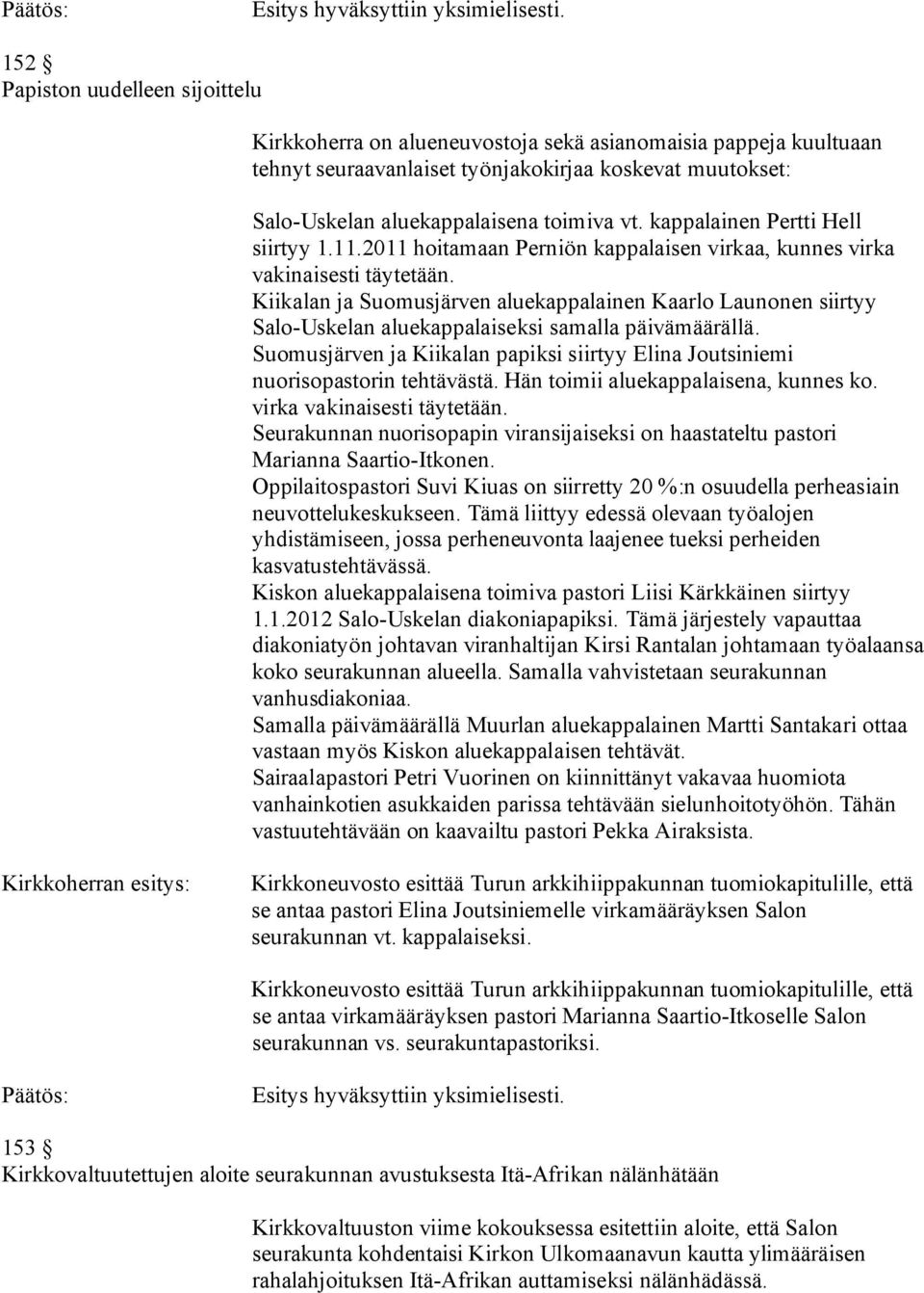 Kiikalan ja Suomusjärven aluekappalainen Kaarlo Launonen siirtyy Salo-Uskelan aluekappalaiseksi samalla päivämäärällä.