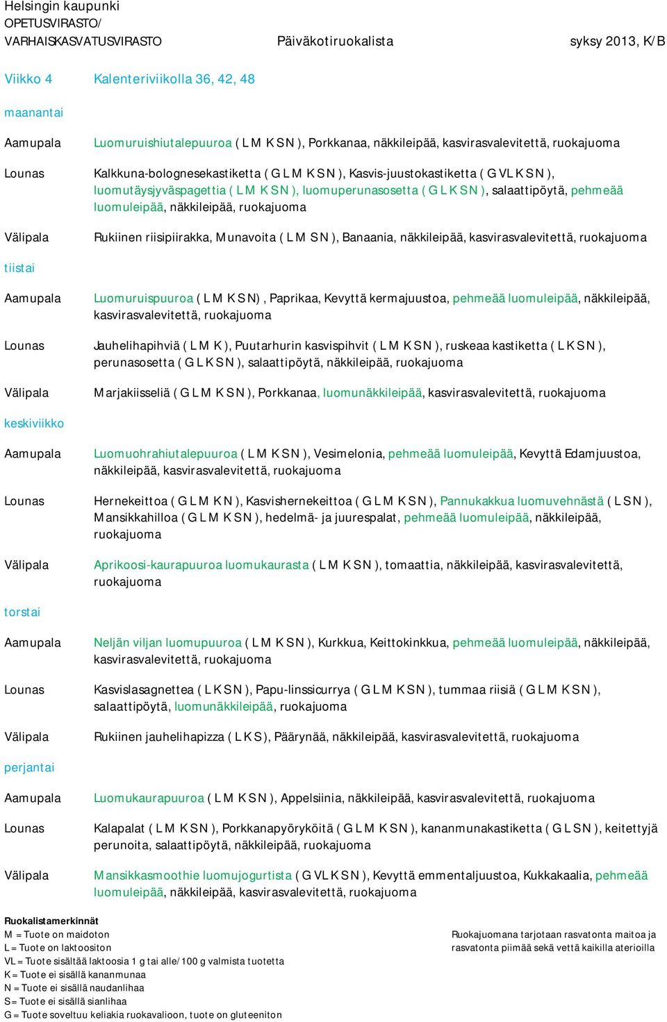 kasvirasvalevitettä, Luomuruispuuroa ( L M K S N), Paprikaa, Kevyttä kermajuustoa, pehmeää luomuleipää, näkkileipää, kasvirasvalevitettä, Jauhelihapihviä ( L M K ), Puutarhurin kasvispihvit ( L M K S