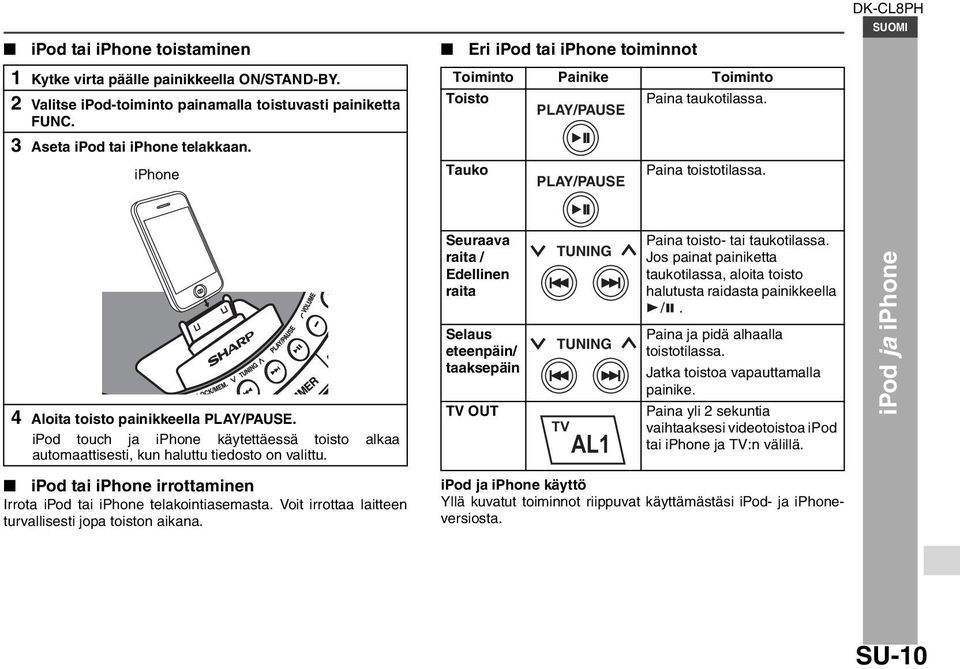 ipod touch ja iphone käytettäessä toisto alkaa automaattisesti, kun haluttu tiedosto on valittu. ipod tai iphone irrottaminen Irrota ipod tai iphone telakointiasemasta.