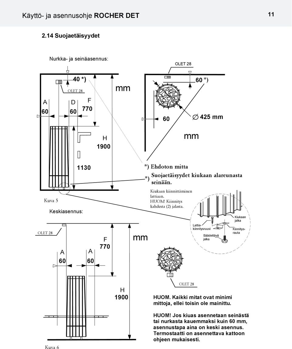 *) Ehdoton mitta Suojaetäisyydet kiukaan alareunasta *) seinään. Kiukaan kiinnittäminen lattiaan. HUOM! Kiinnitys kahdesta (2) jalasta.