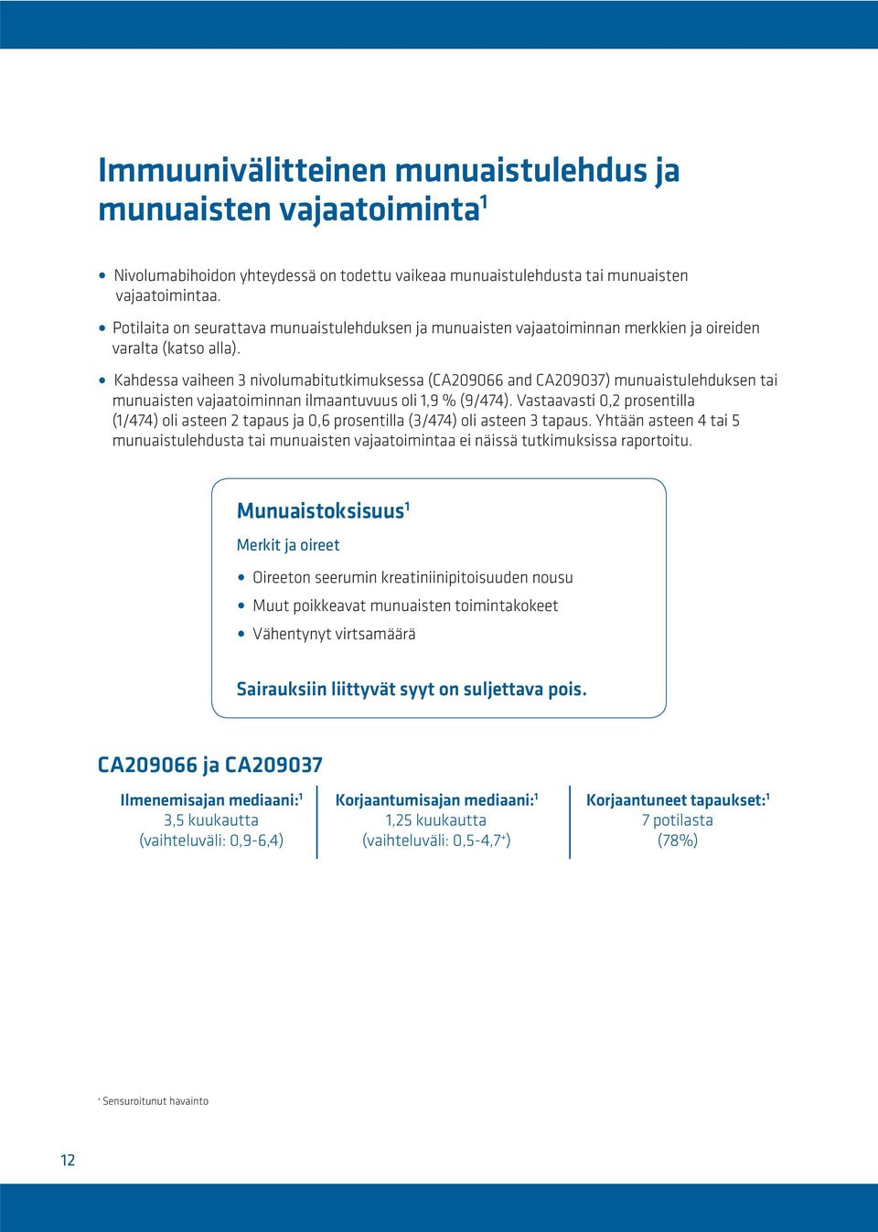 Kahdessa vaiheen 3 nivolumabitutkimuksessa (CA209066 and CA209037) munuaistulehduksen tai munuaisten vajaatoiminnan ilmaantuvuus oli 1,9 % (9/474).