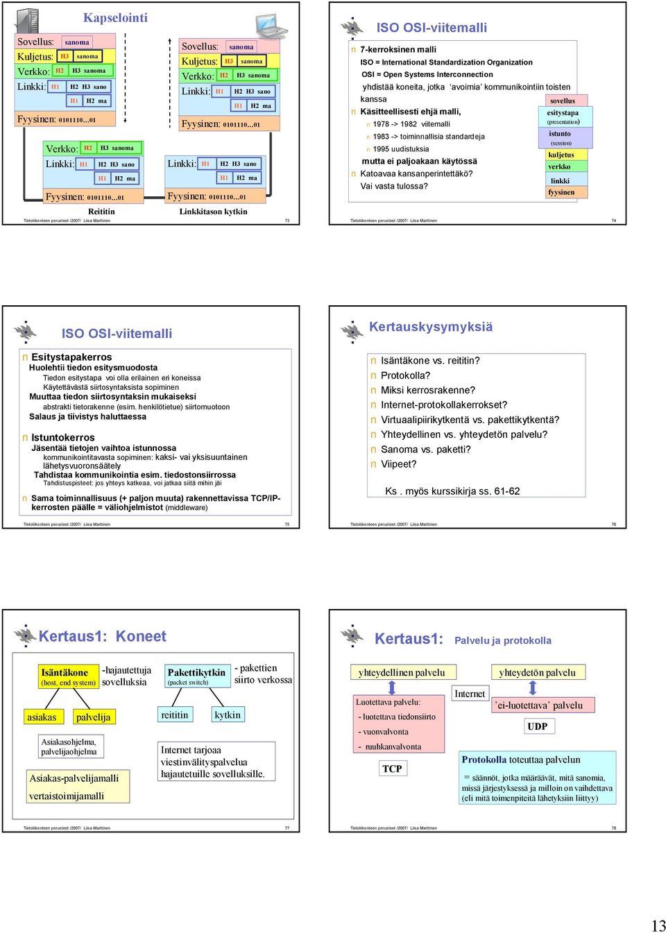 Tietoliikenteen perusteet /2007/ Liisa Marttinen 73 ISO OSI-viitemalli 7-kerroksinen malli ISO = International Standardization Organization OSI = Open Systems Interconnection yhdistää koneita, jotka