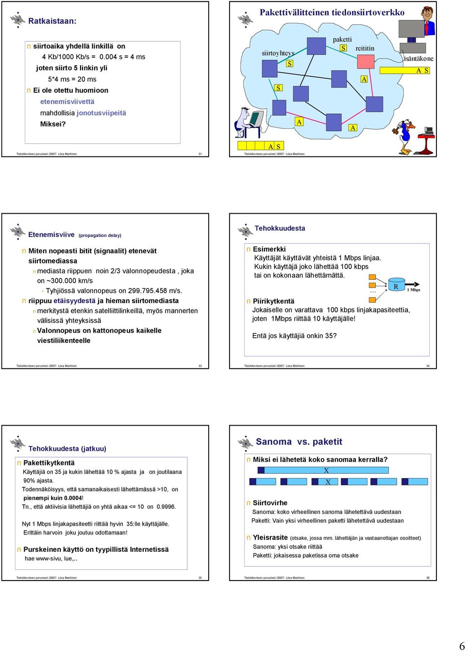 siirtoyhteys S S A paketti S reititin A A isäntäkone A S Tietoliikenteen perusteet /2007/ Liisa Marttinen 31 A S Tietoliikenteen perusteet /2007/ Liisa Marttinen 32 Etenemisviive (propagation delay)
