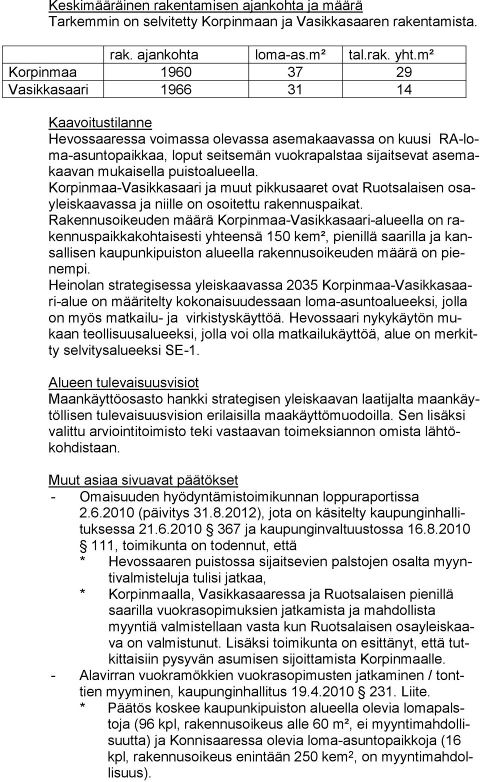 van mukaisella puistoalueella. Korpinmaa-Vasikkasaari ja muut pikkusaaret ovat Ruotsalaisen osayleis kaa vas sa ja niille on osoitettu rakennuspaikat.