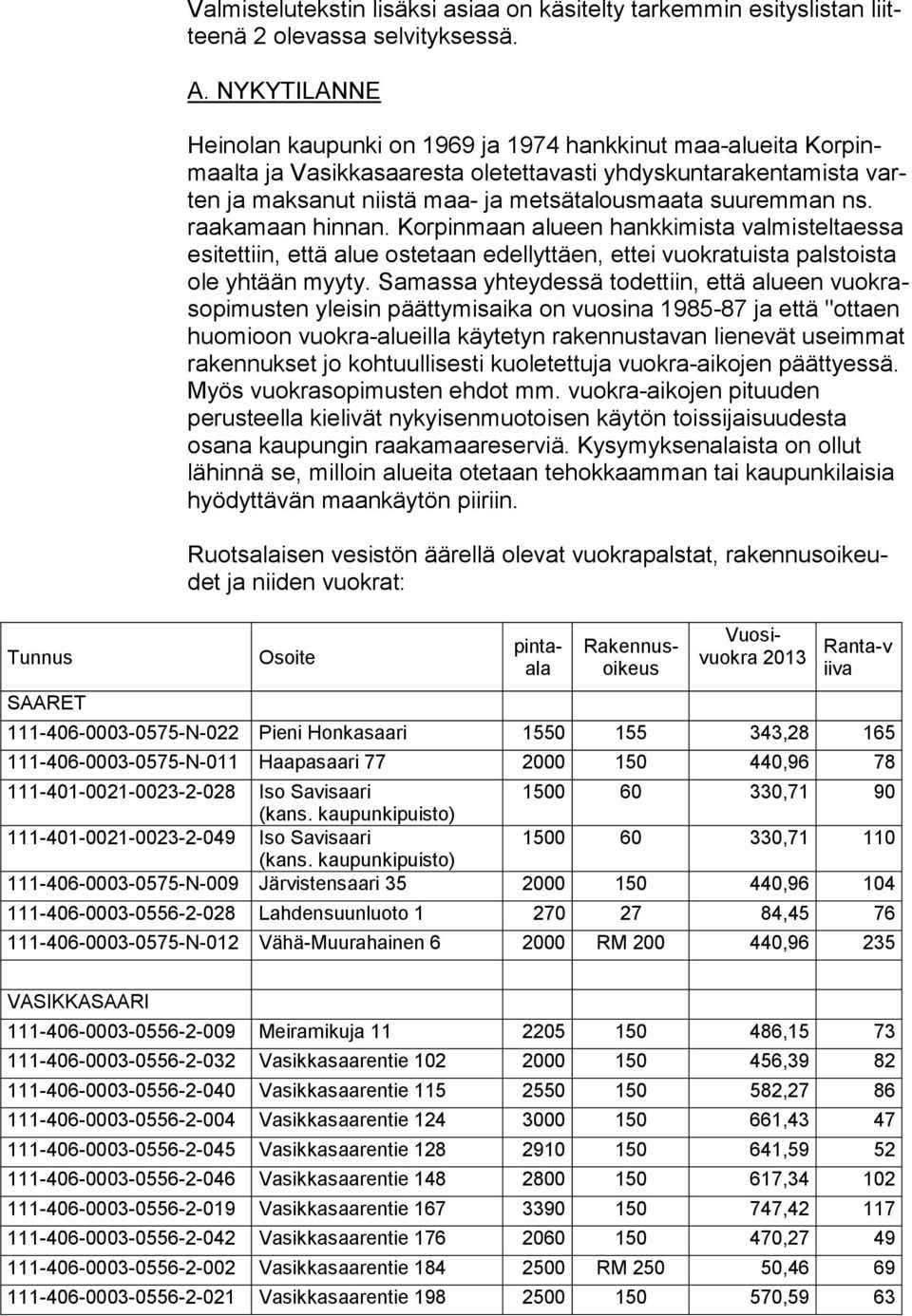 ta suu rem man ns. raa ka maan hinnan. Korpinmaan alueen hank ki mis ta valmisteltaessa esi tet tiin, että alue ostetaan edel lyt täen, ettei vuok ra tuis ta palstoista ole yhtään myyty.