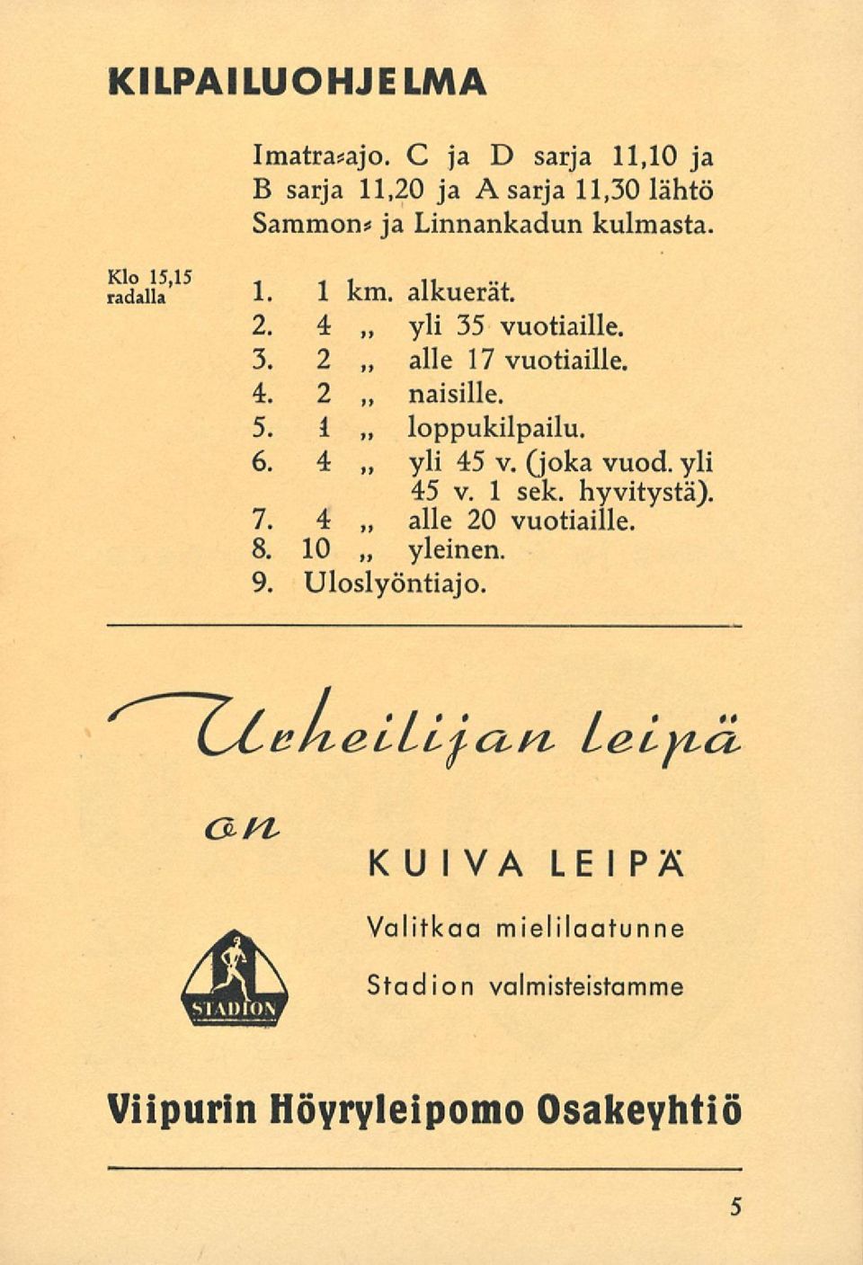 alkuerät. 2. 4 yli 35 vuotiaille. 3. 2 alle 17 vuotiaille. 4. 2 naisille. 5. 1 loppukilpailu. 6. 4 yli 45 v.