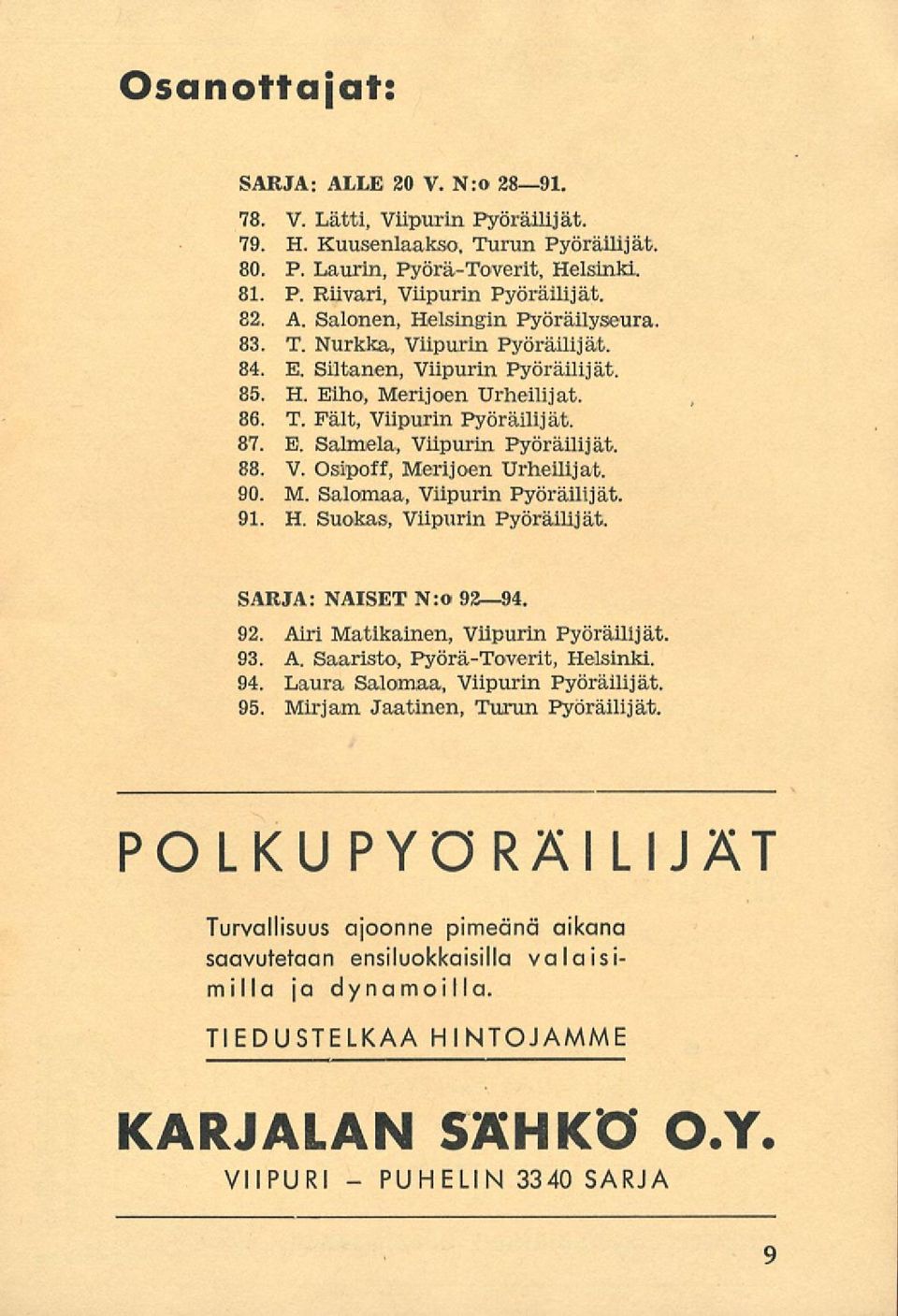 88. V. Osipoff, Merijoen Urheilijat. 90. M. Salomaa, Viipurin Pyöräilijät. 91. H. Suokas, Viipurin Pyöräilijät. SARJA: NAISET N:o 92 94. 92. Airi Matikainen, Viipurin Pyöräilijät. 93. A. Saaristo, Pyörä-Toverit, Helsinki.