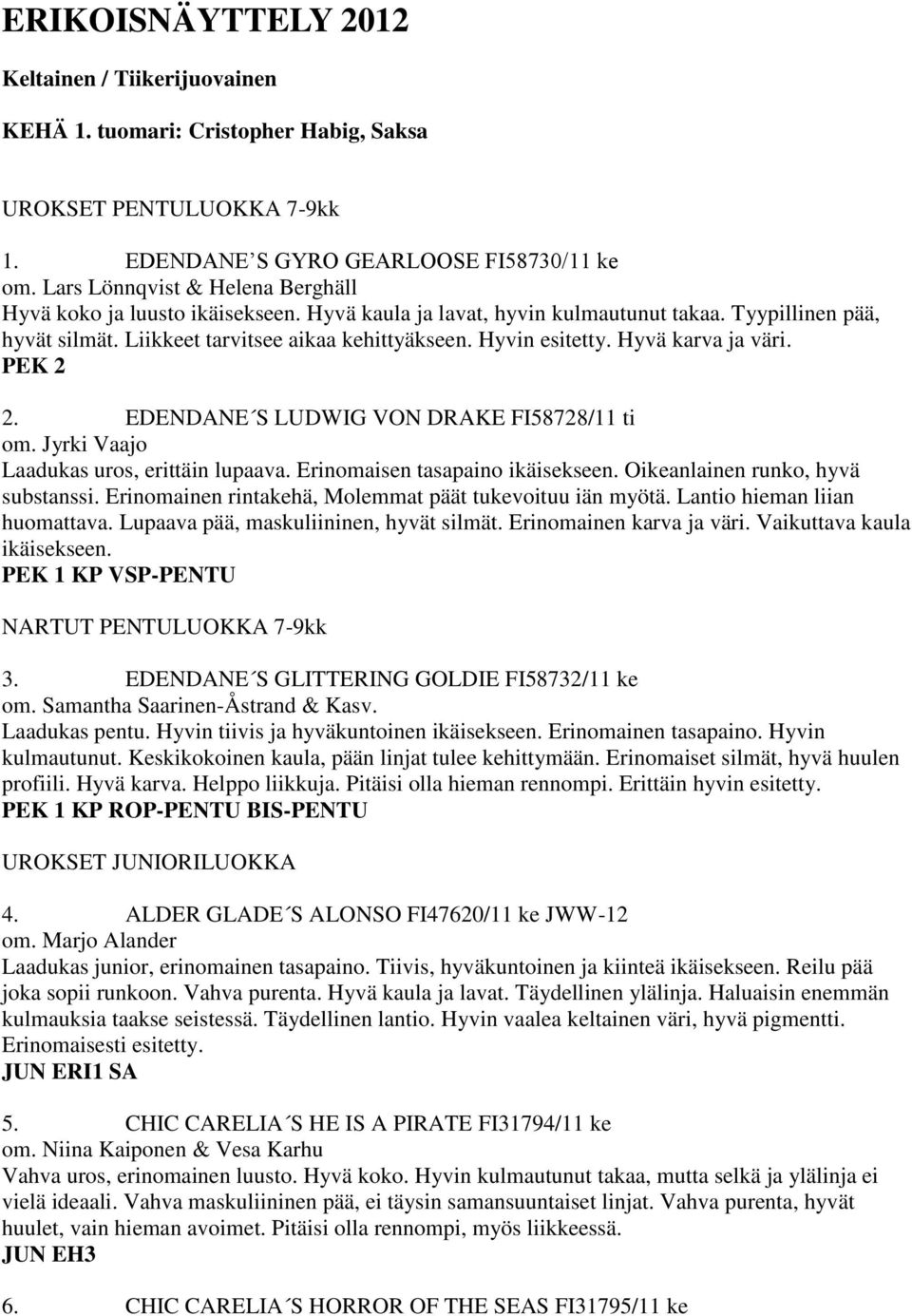 Hyvä karva ja väri. PEK 2 2. EDENDANE S LUDWIG VON DRAKE FI58728/11 ti om. Jyrki Vaajo Laadukas uros, erittäin lupaava. Erinomaisen tasapaino ikäisekseen. Oikeanlainen runko, hyvä substanssi.