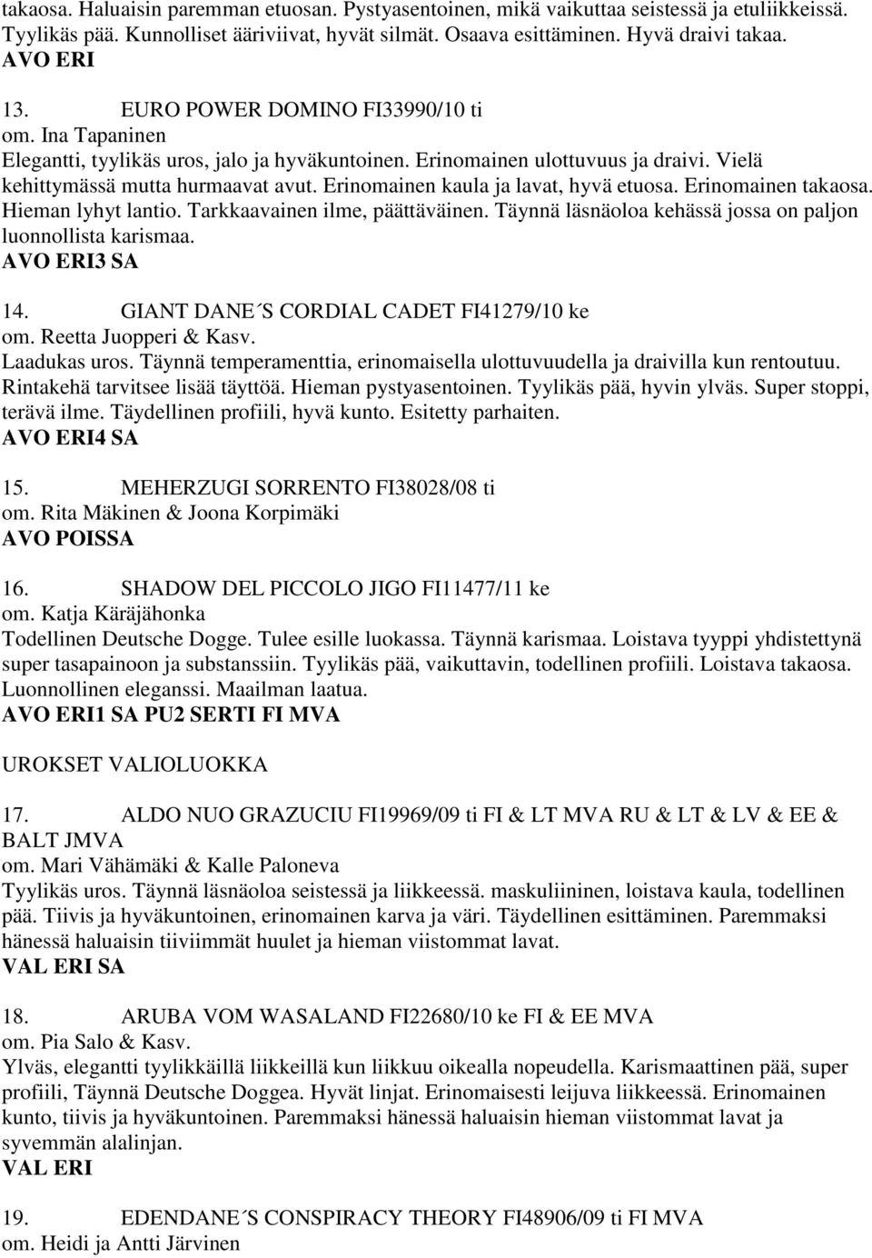 Erinomainen kaula ja lavat, hyvä etuosa. Erinomainen takaosa. Hieman lyhyt lantio. Tarkkaavainen ilme, päättäväinen. Täynnä läsnäoloa kehässä jossa on paljon luonnollista karismaa. AVO ERI3 SA 14.