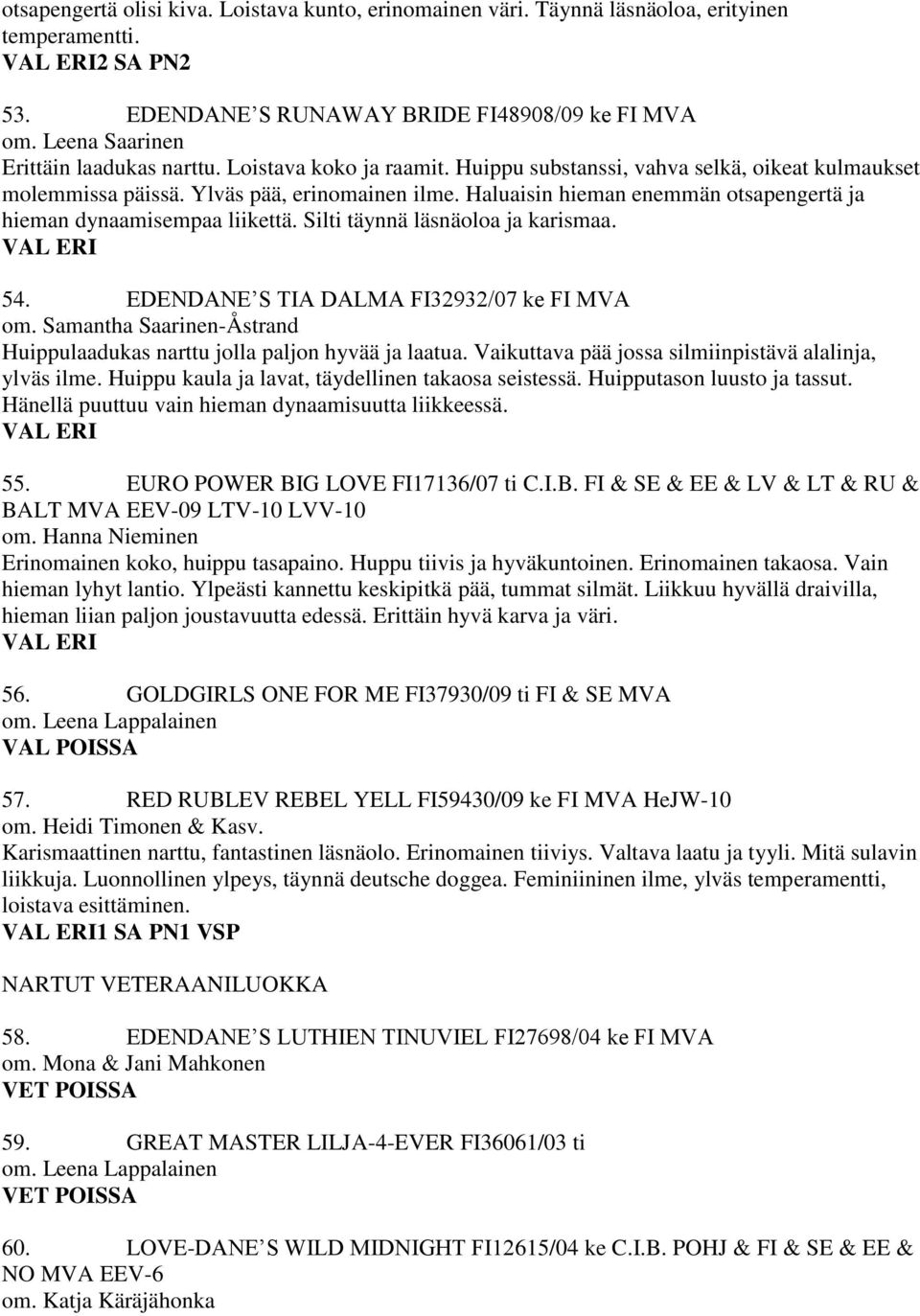 Haluaisin hieman enemmän otsapengertä ja hieman dynaamisempaa liikettä. Silti täynnä läsnäoloa ja karismaa. VAL ERI 54. EDENDANE S TIA DALMA FI32932/07 ke FI MVA om.